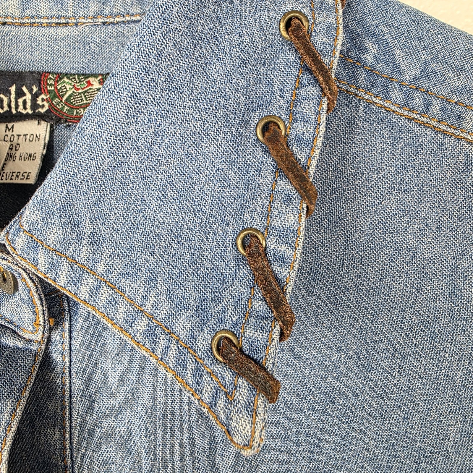 VTG Womens Denim Shirt Western Leather Lace Up Collar Pockets Long Sleeve M