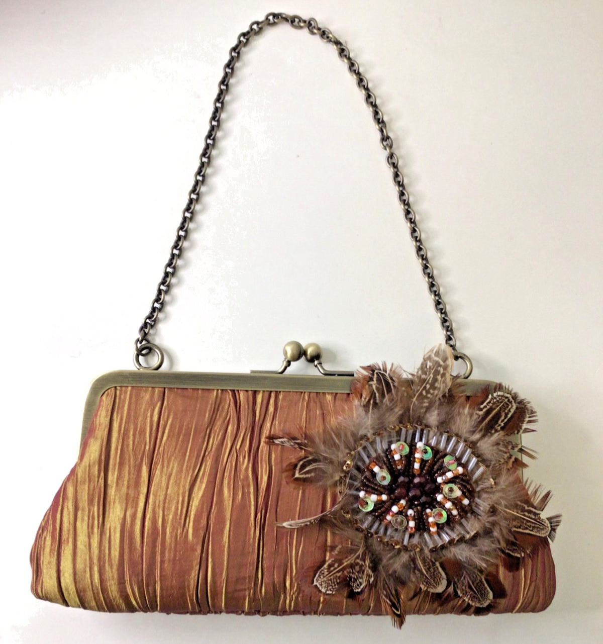 Satin Pleated Evening Clutch with Feather Beading in Bronze