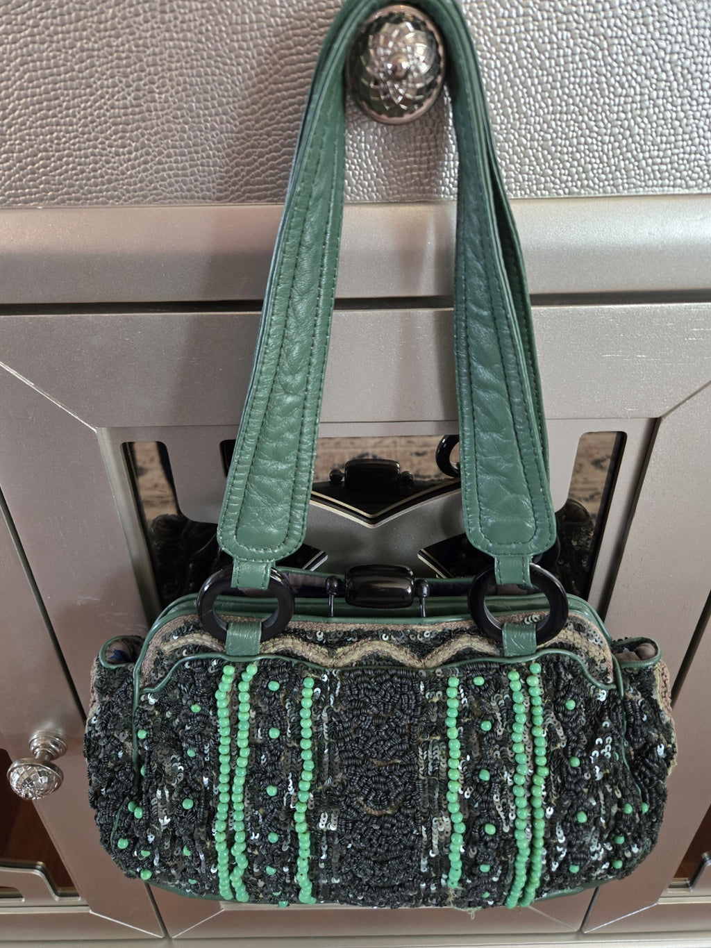 Jamin Puech Paris Beaded Sequin Leather Shoulder Bag Green