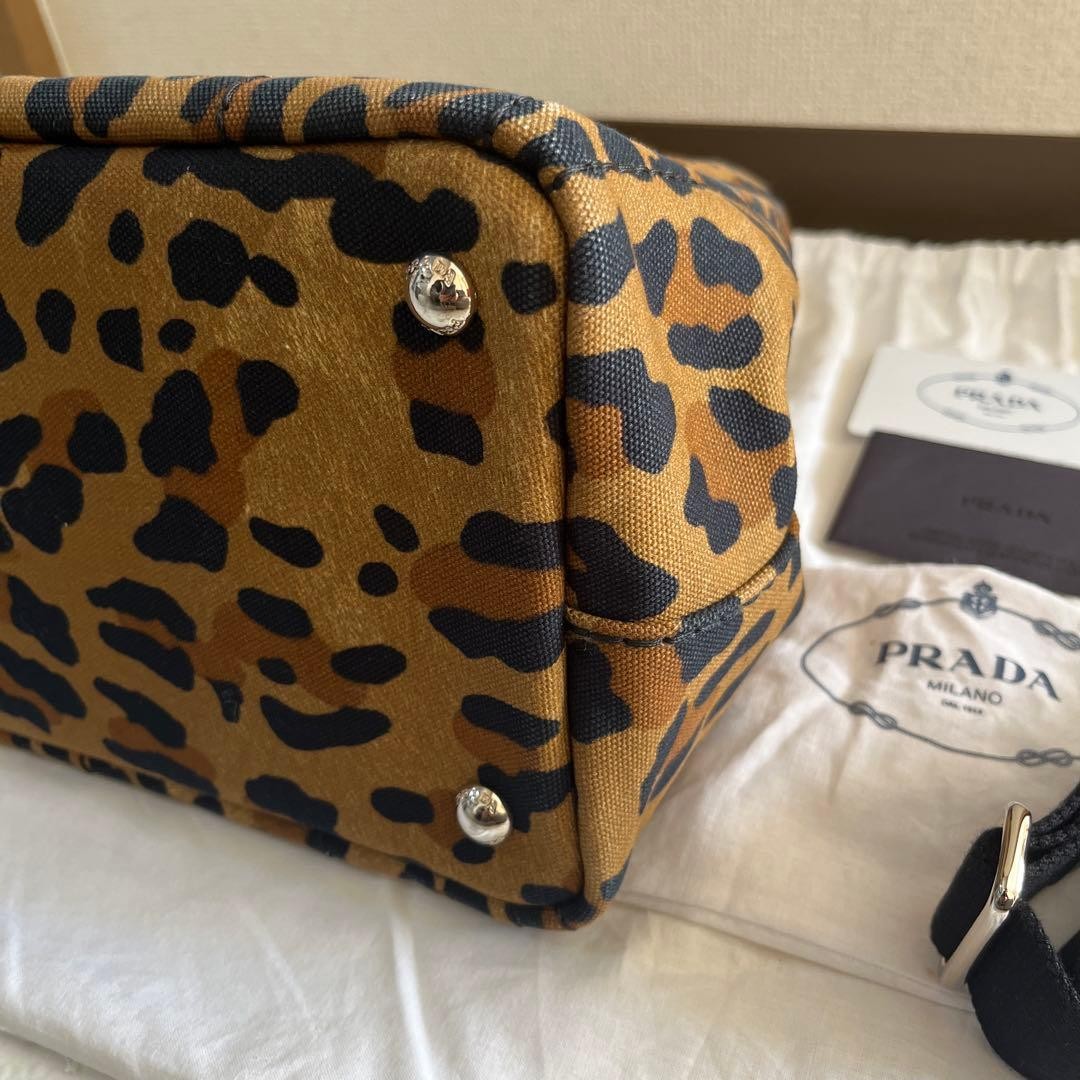 PRADA Canapa Leopard Print 2Way Tote Bag Brown Canvas USED from Japan #SA