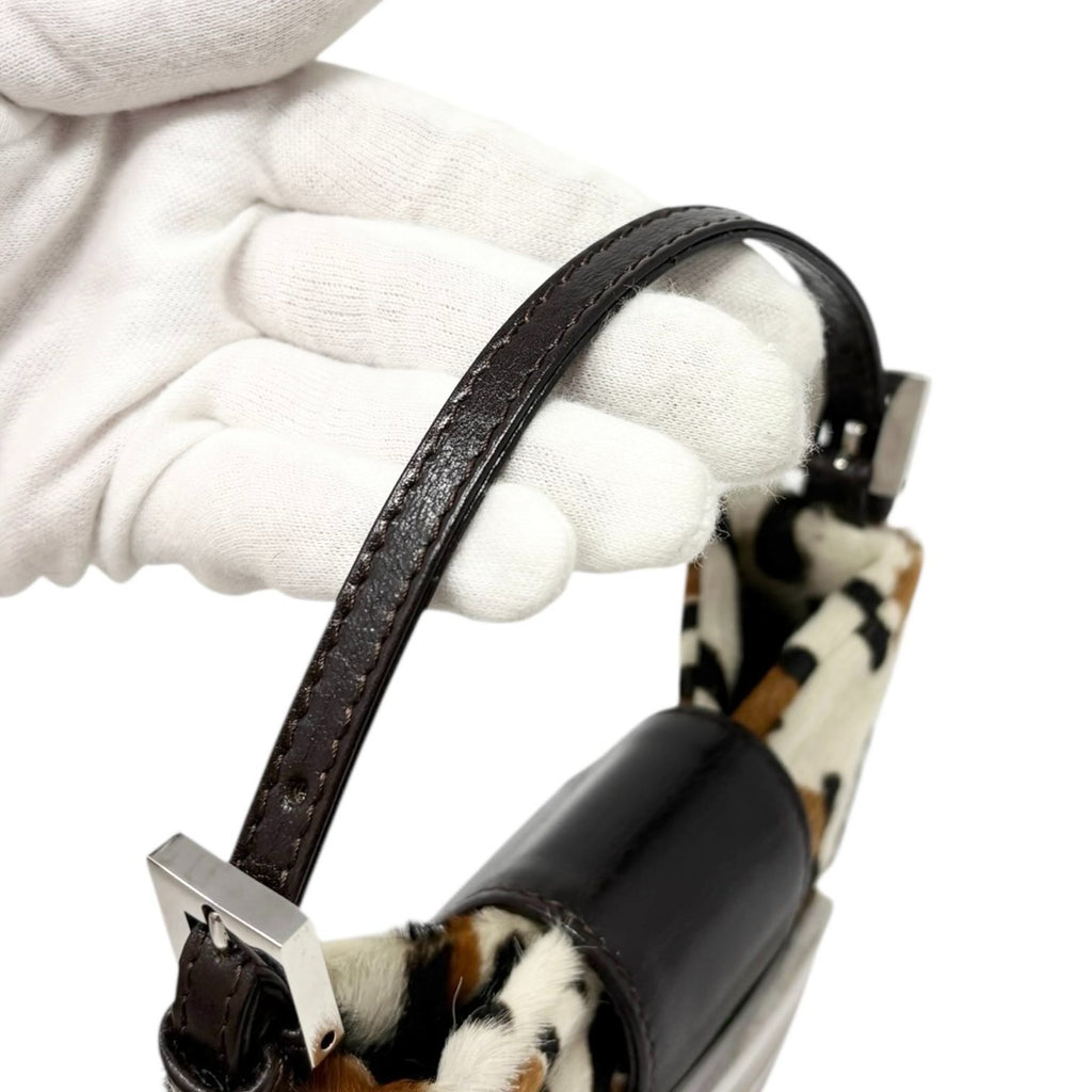 FENDI Vintage Logo Leopard Pony Calf Hair Micro Croissant Handbag Bag White