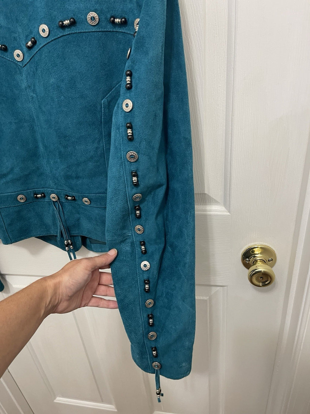 Cripple Creek Suede Leather Jacket Fringed Studded Beaded Teal Women's Large