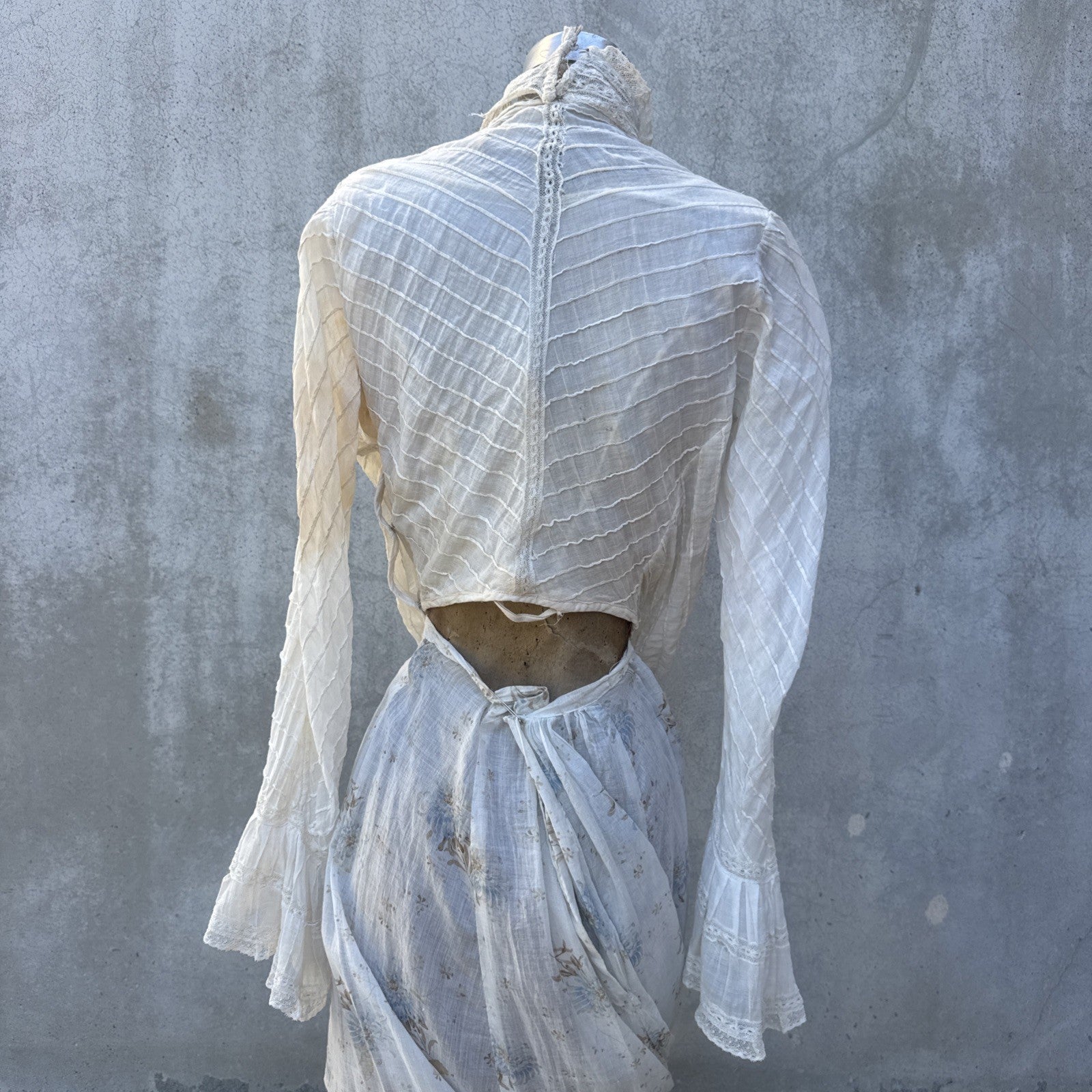Antique Edwardian Bodice Bell Sleeve Pin Tucks Lace  Dress Blouse Top Vintage
