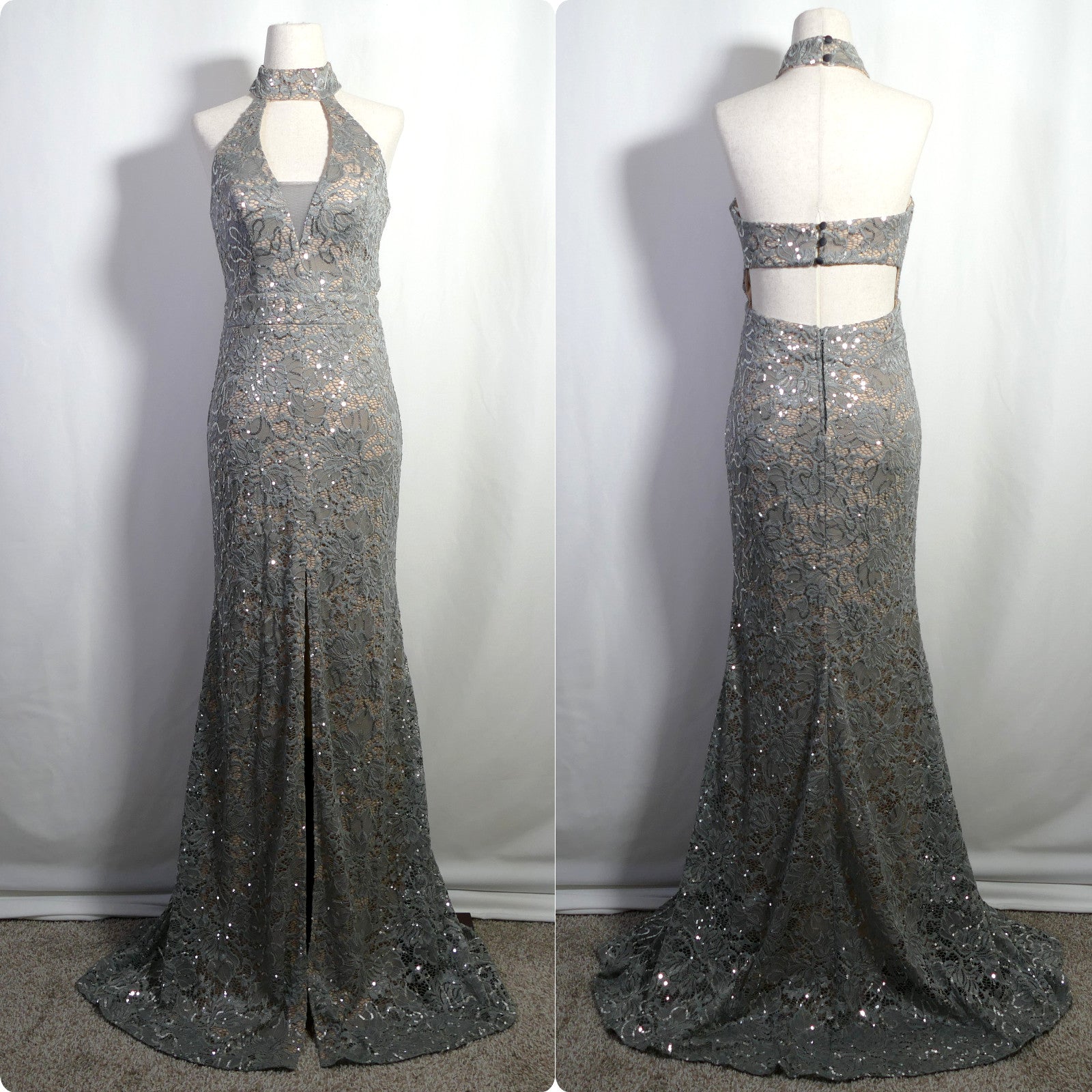 Vintage Sequin Halter - Open Back - Maxi Dress