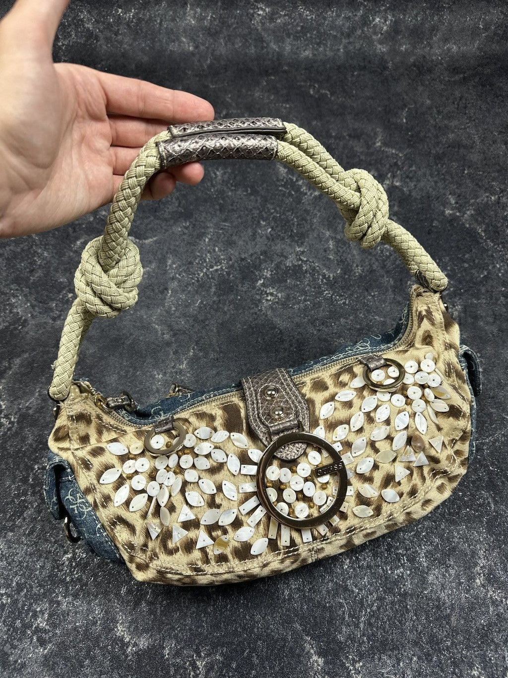 NEW Vintage Y2K Guess Leopard Pattern Denim Baguette Mini Handle Bag Women's