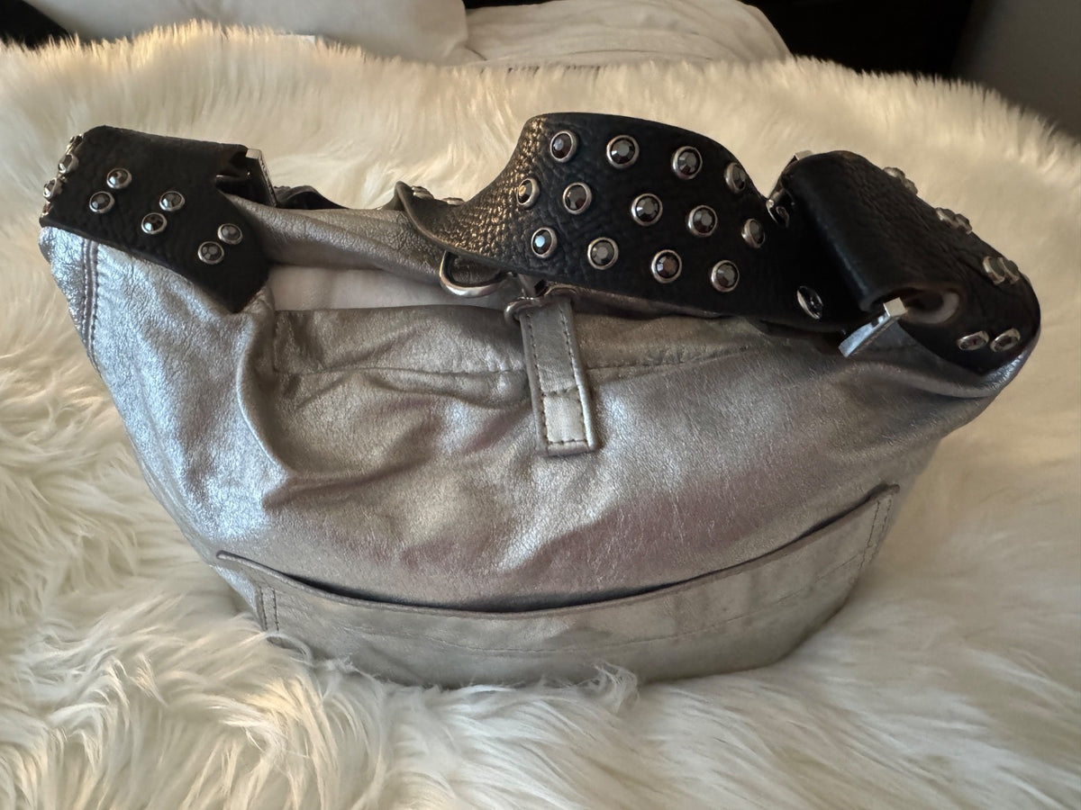 Tylie Malibu Metallic Silver Leather Hobo Handbag Medium