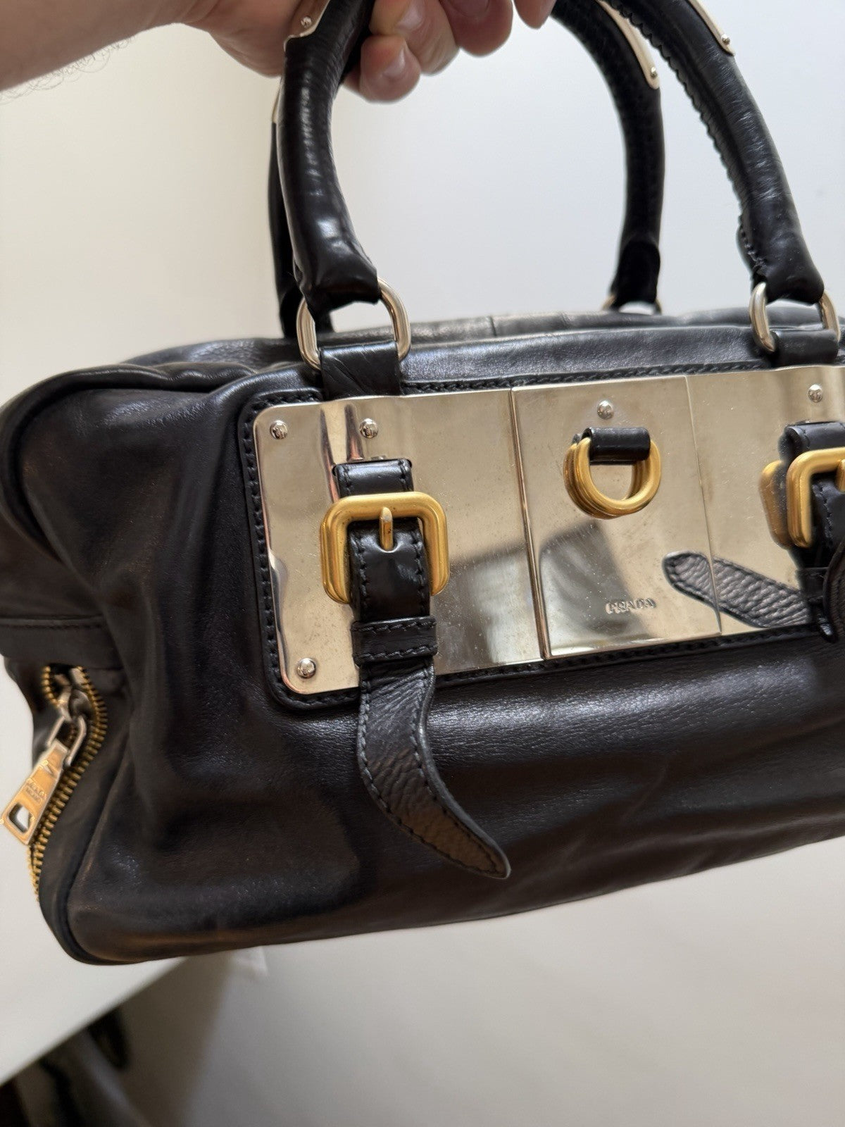 Prada Black Top Handle Bag with Gold Hardware