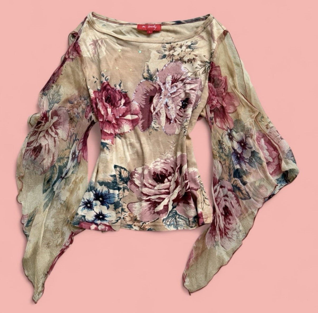 Rene Derhy Beige Floral Embellished Top and Skirt Set Large