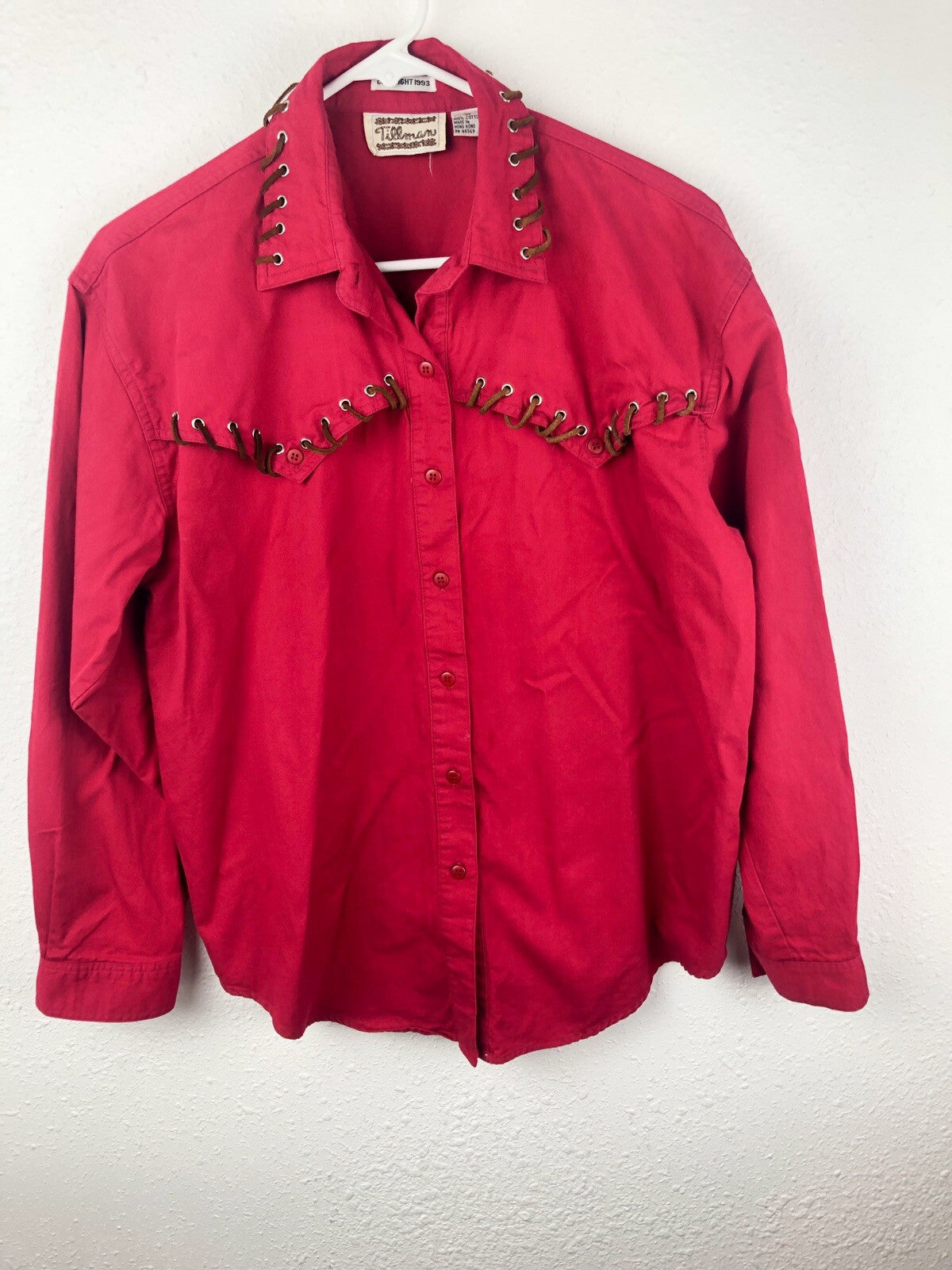 Vintage Tillman Western Button Up Womens Red Shirt Leather Grommets SZM   B2