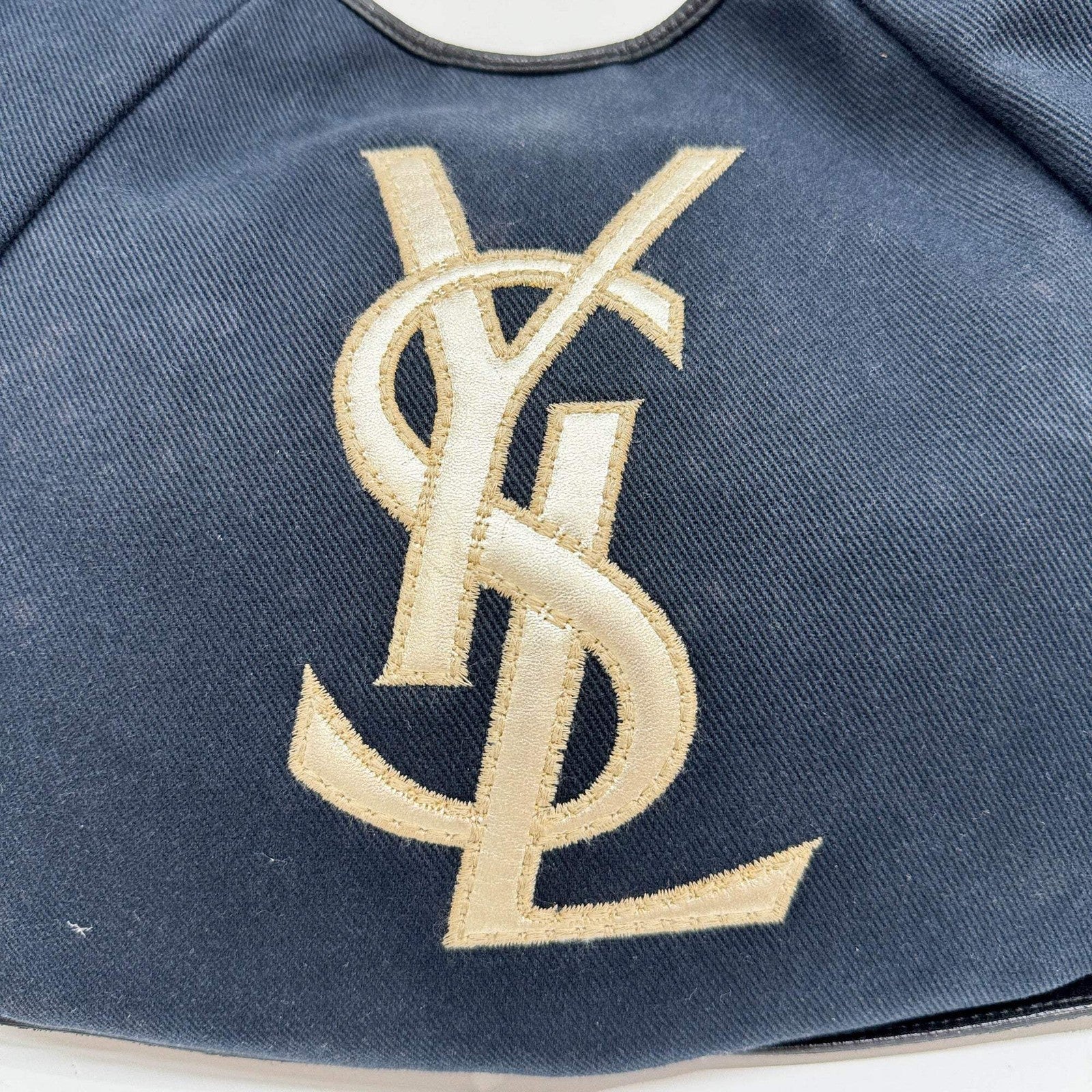 SAINT LAURENT Mombasa YSL Logo Navy Blue Canvas Shoulder Bag
