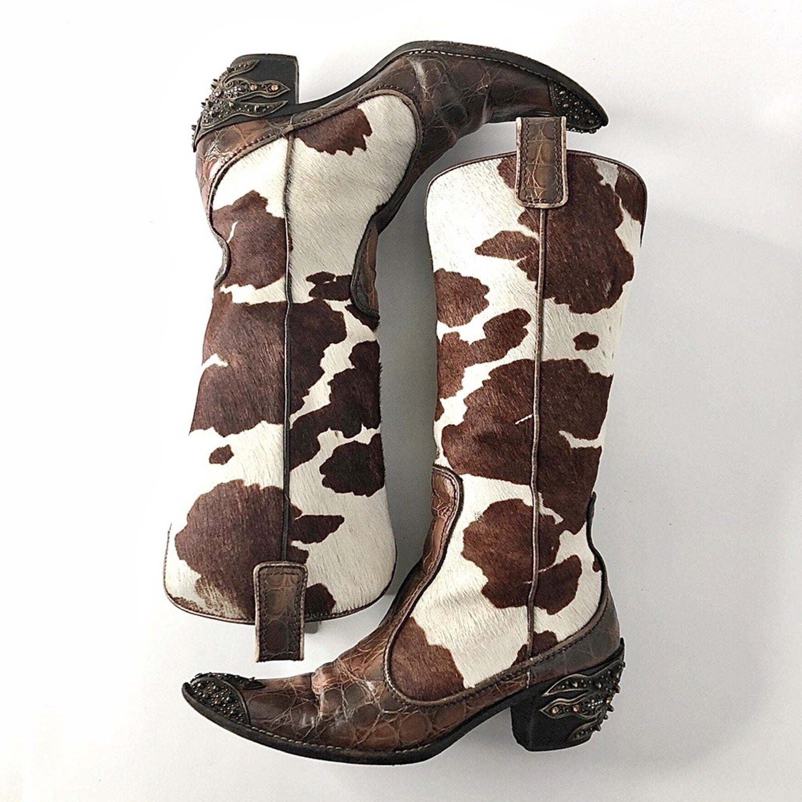 Giuseppe Zanotti Crystals Cow Print Pull On Western Cowgirl Heeled Boots 7