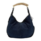 SAINT LAURENT Mombasa YSL Logo Navy Blue Canvas Shoulder Bag