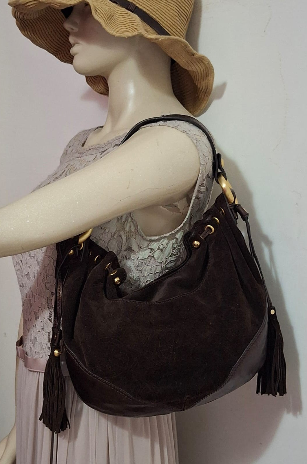 Francesco Biasia Brown Leather and Suede Medium Shoulder Bag with Tassels