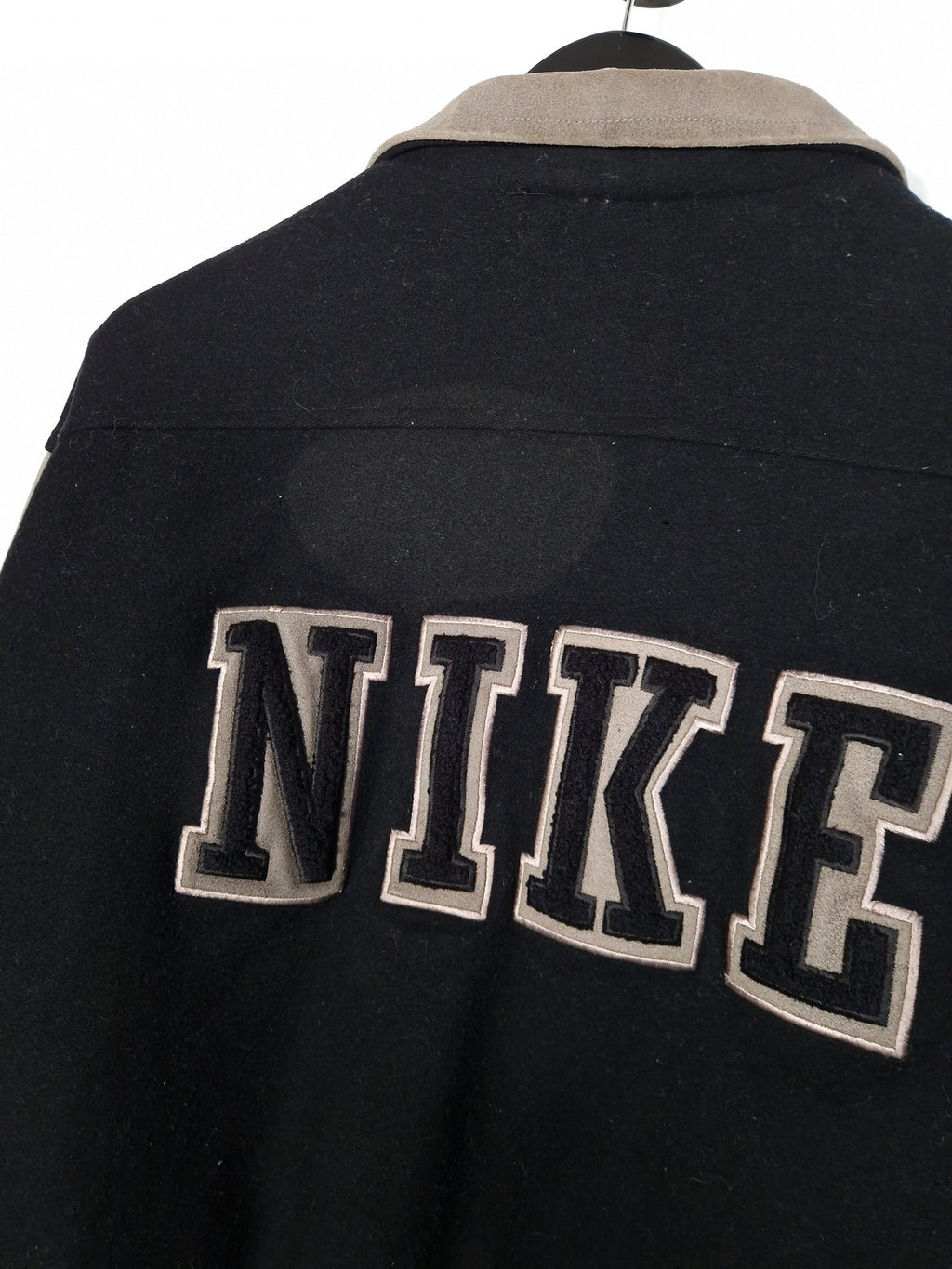 90's Nike Varsity Jacket Size Medium Oversized Black Grey Leather Wool Bomber