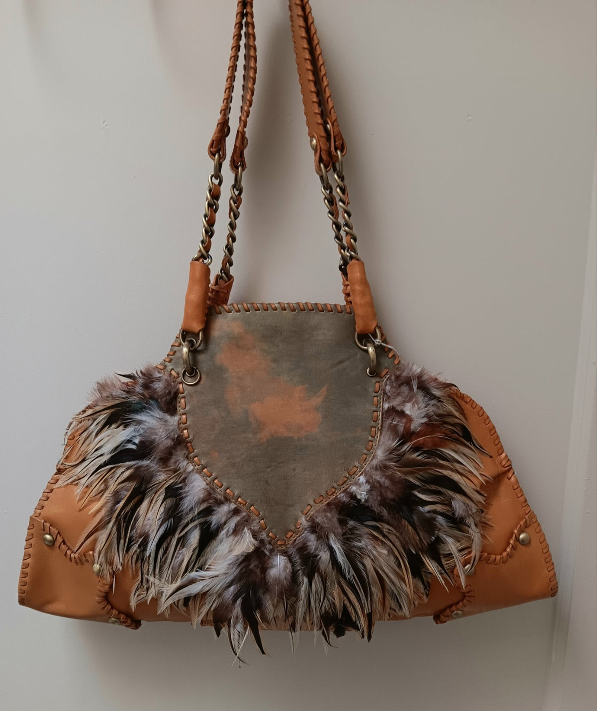 Sharif Leather Shoulder Bag with Feather Accent Tan