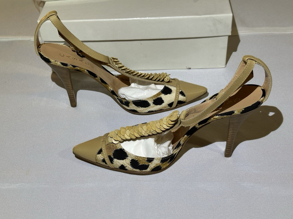 Casadei Natural Leopard Print Beige Leather Ankle Strap Heel 8.5