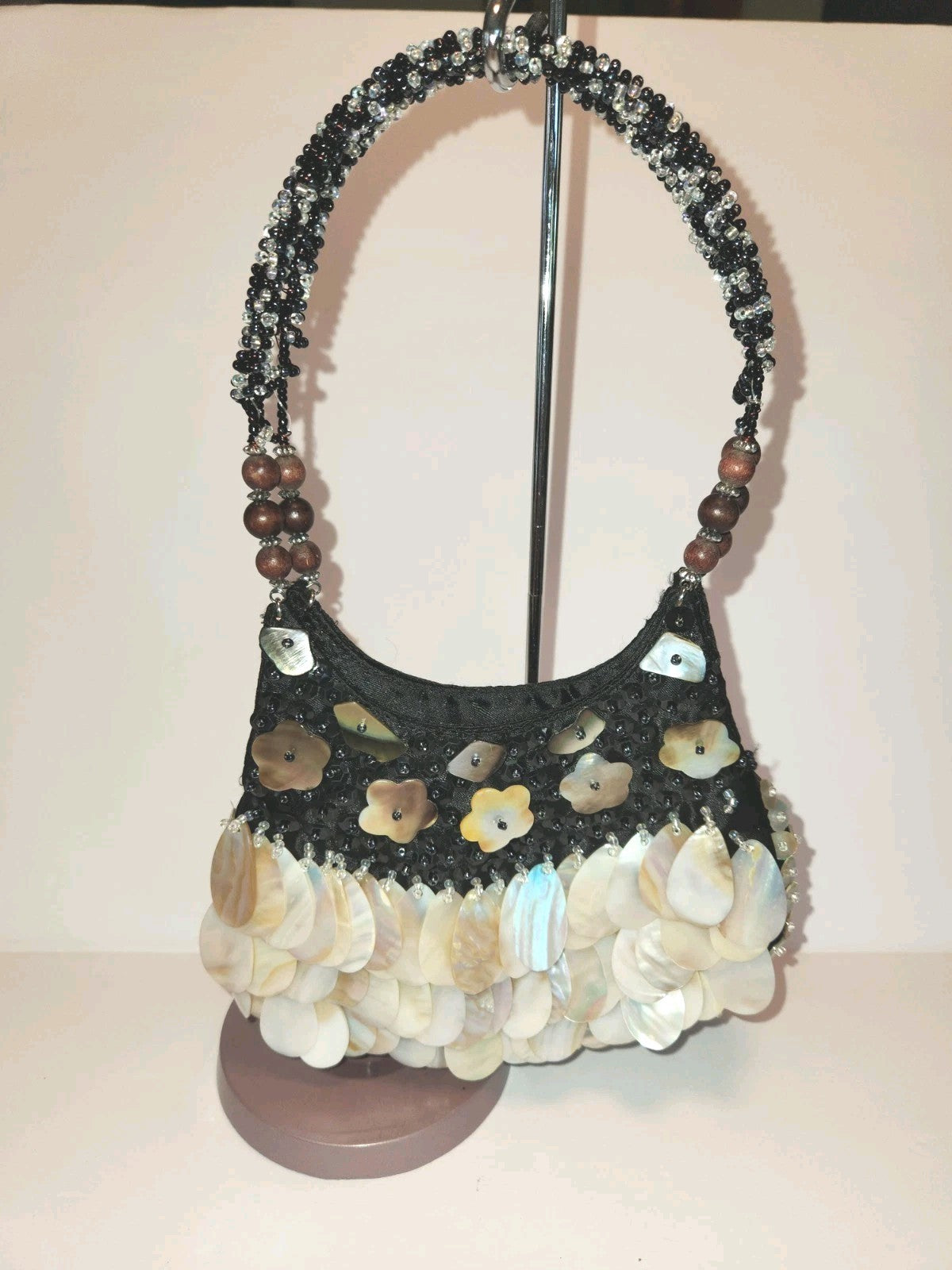 Vintage Black Satin Handbag With mother-of-pearl Shell Fringe & Beads Small 6X7"