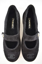 Chanel 25B Black Suede Shearling Fur Mary Jane Moccasin Ballet Loafer Flat 38