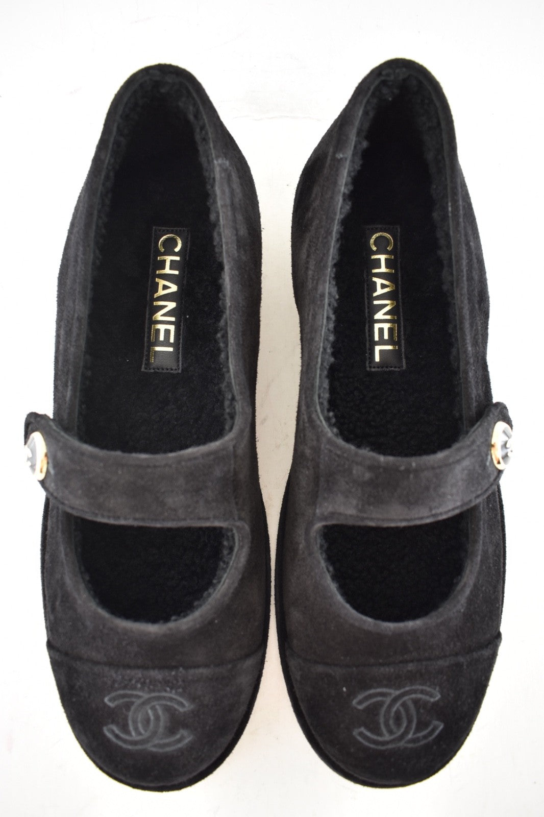 Chanel 25B Black Suede Shearling Fur Mary Jane Moccasin Ballet Loafer Flat 38