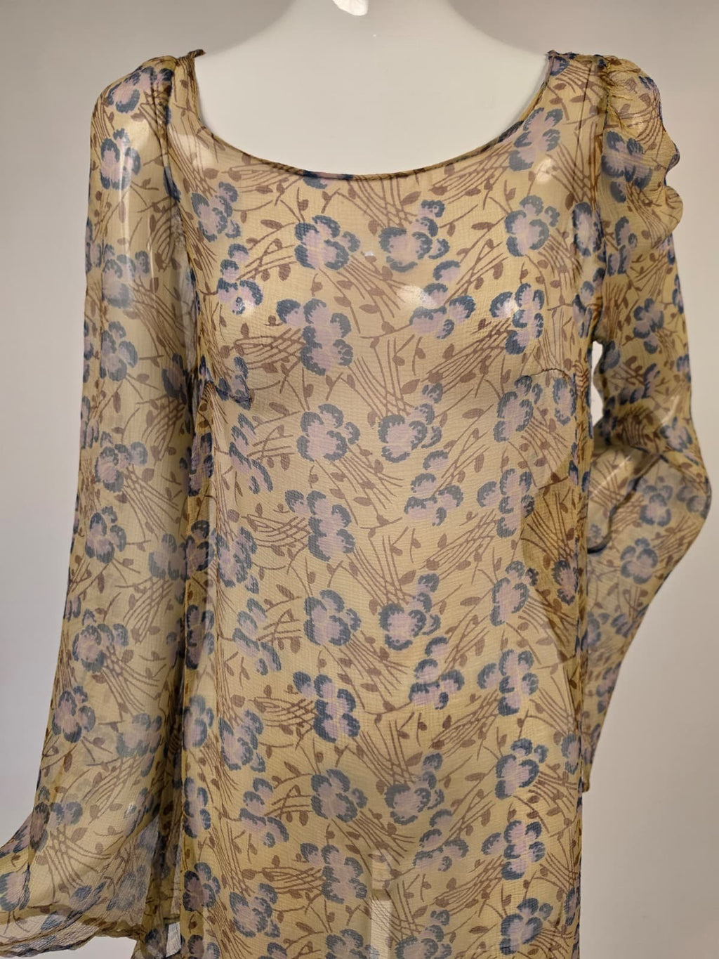 1920s Floral Print Silk Chiffon Blouse with Long Bell Sleeves