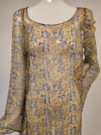 1920s Floral Print Silk Chiffon Blouse with Long Bell Sleeves