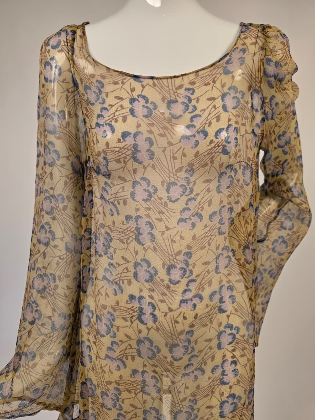 1920s Floral Print Silk Chiffon Blouse with Long Bell Sleeves