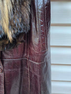 Vintage Long Leather Coat with Removable Fur Collar Brown Women's