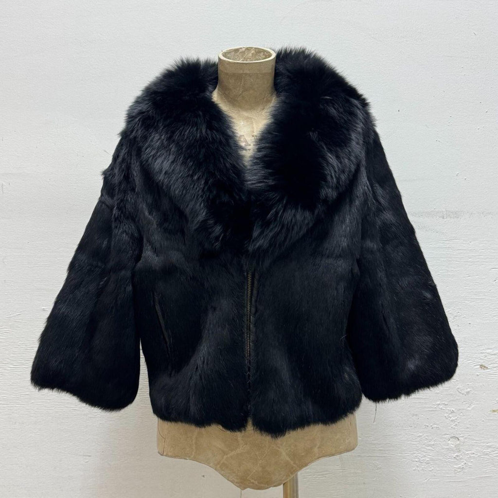 Y2K Black Rabbit and Fox Fur Jacket with Whipstitch Detail