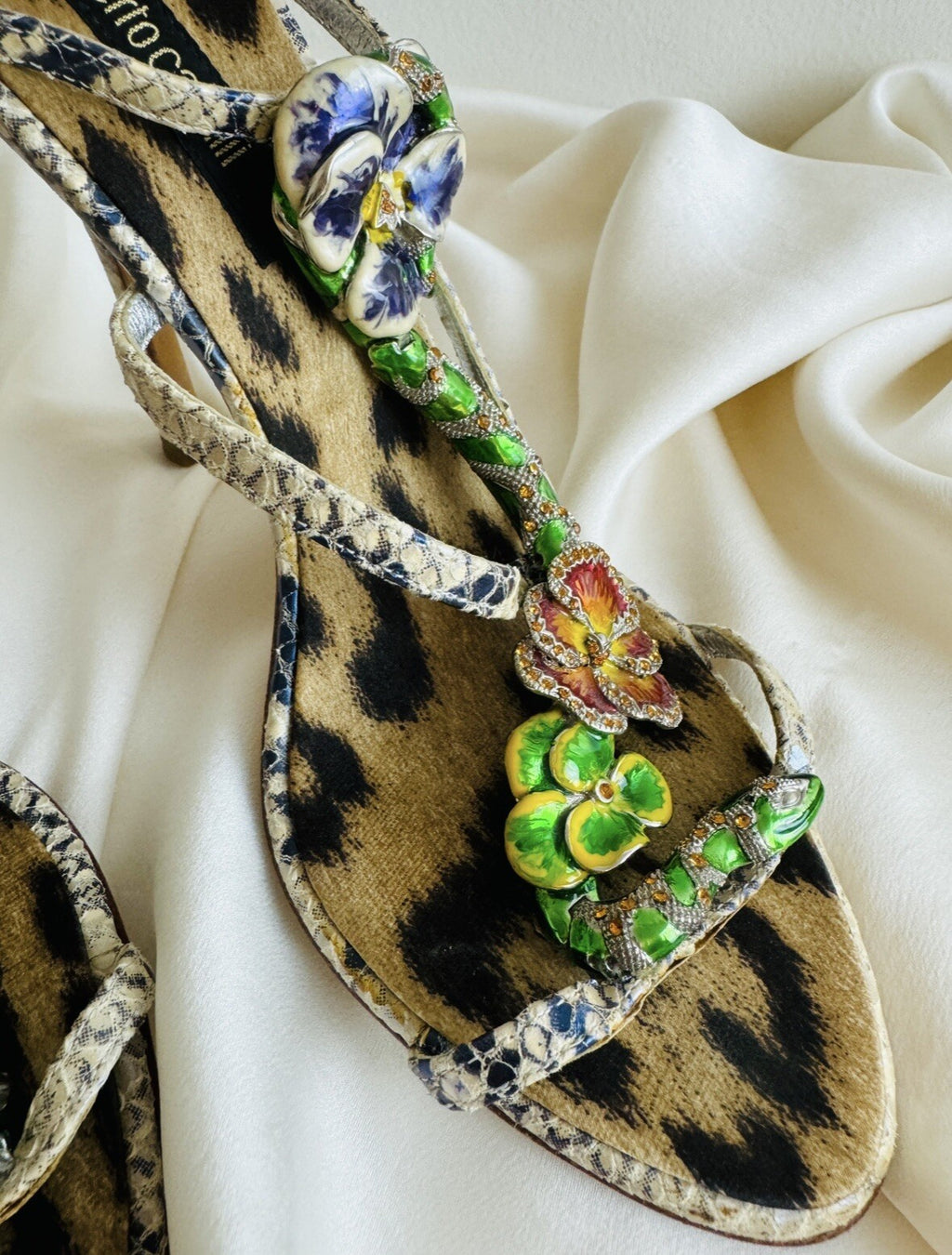 Roberto Cavalli 2000s Snake and Flower Enamel Rhinestone Heels
