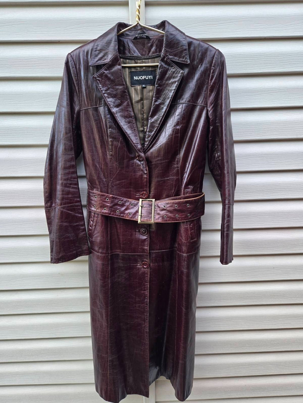Vintage Long Leather Coat with Removable Fur Collar Brown Women's