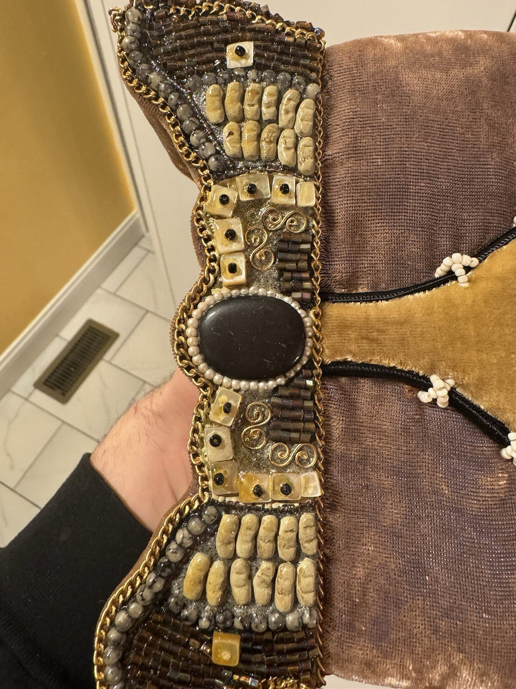 Mary Frances Handmade Beaded Velvet Bag Floral Mother of Pearl Clutch Purse