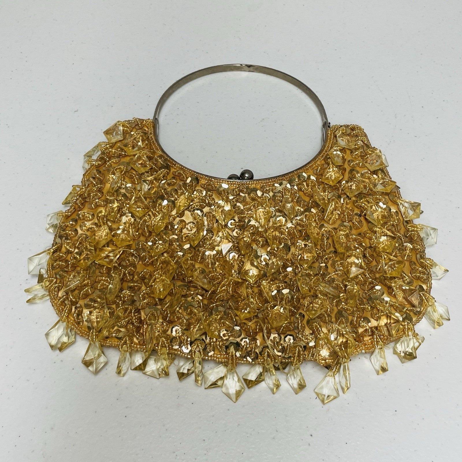 Vintage 70s Beaded Clutch Handbag Purse Gold Beaded Sequin Kiss Lock Frame