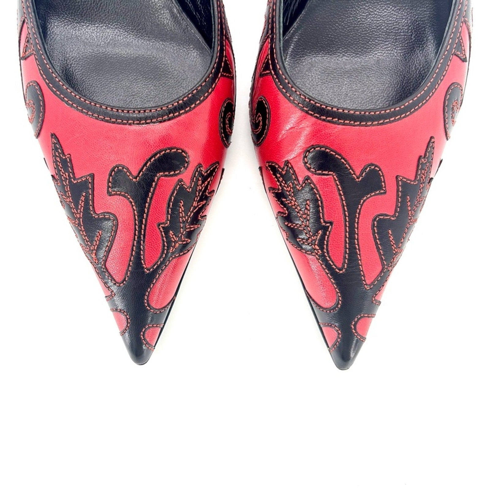 Vintage Miu Miu Embroidered Leaf Pointed Toe Slip On Kitten Heel Mules 39