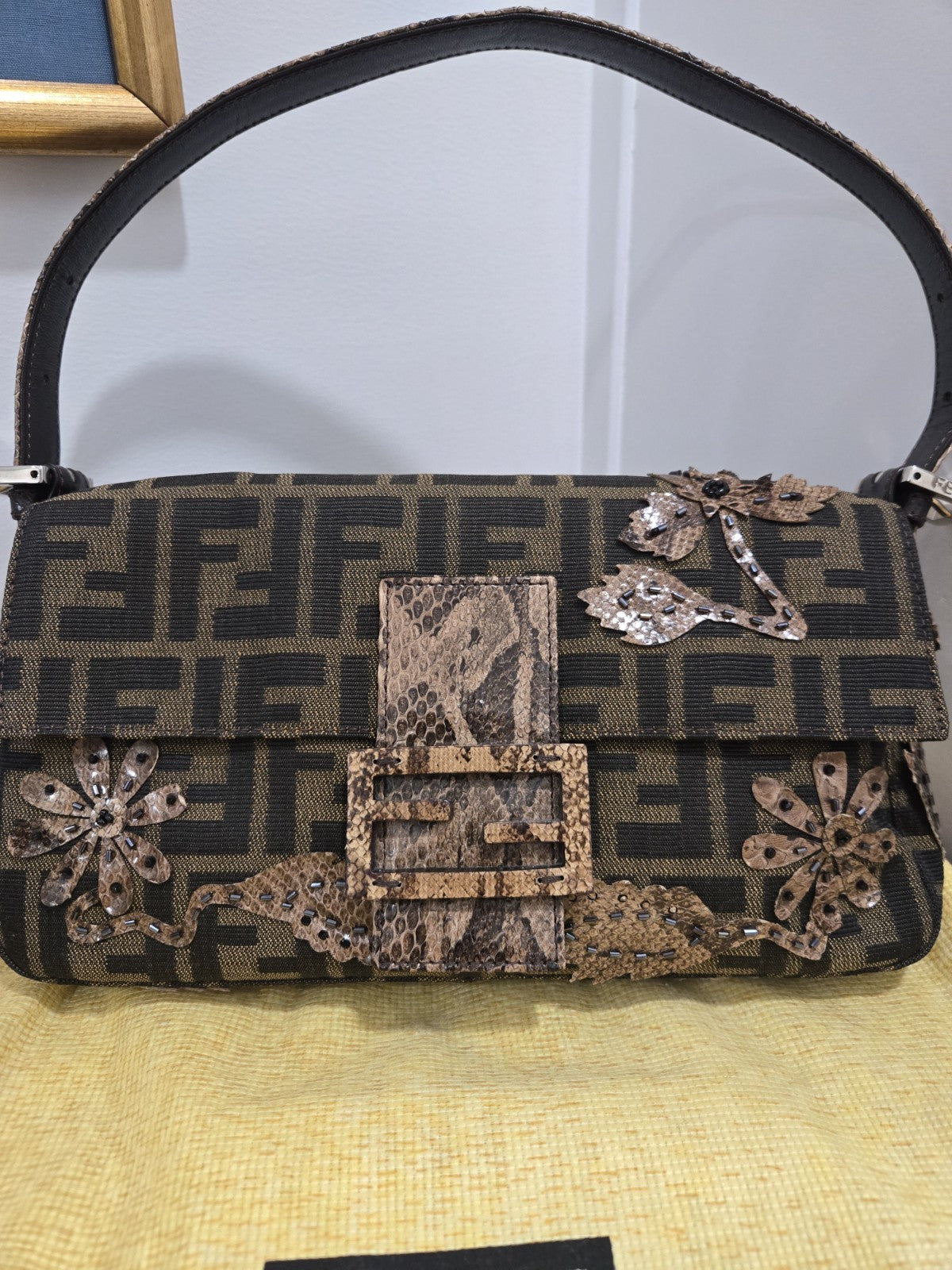 Fendi shoulder bag Mamma Baguette Beaded Flower Zucca Brown