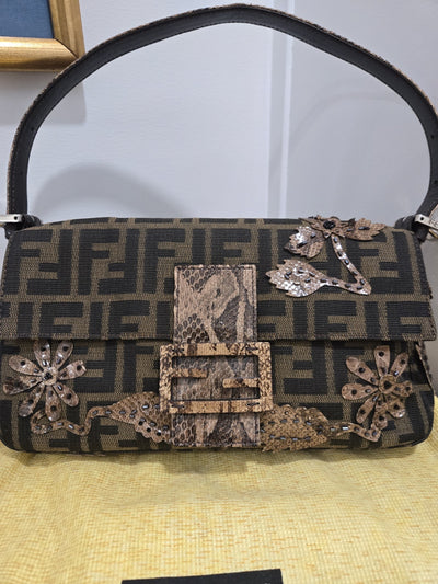 Vintage Fendi Mamma Baguette Beaded Flower Zucca Shoulder Bag