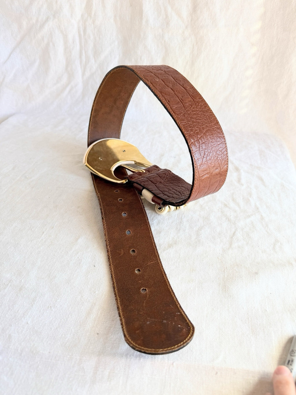 Chunky brass & bead embossed leather belt vintage