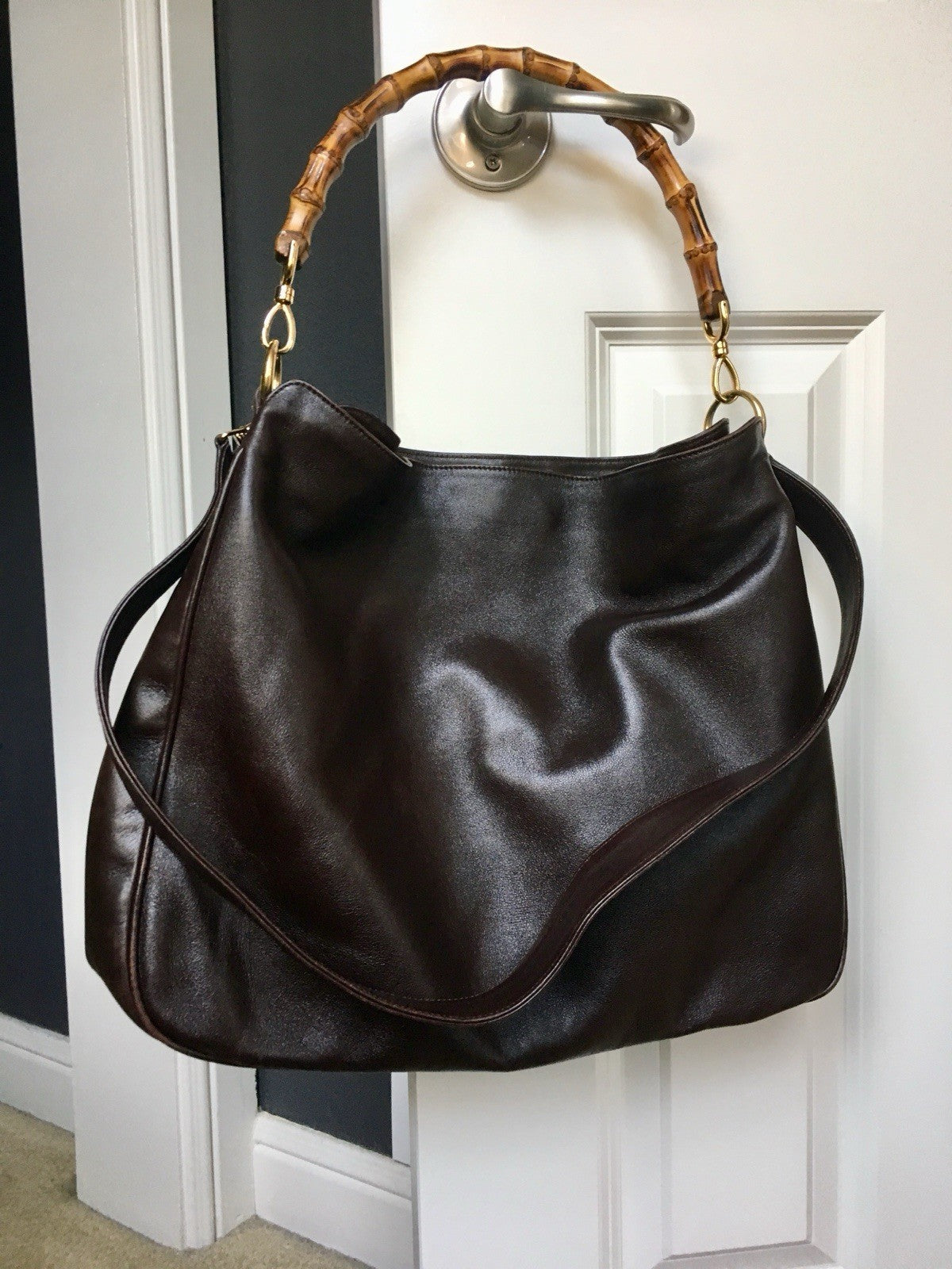 Gucci 1990s Brown Leather Bamboo Handle Shoulder Bag