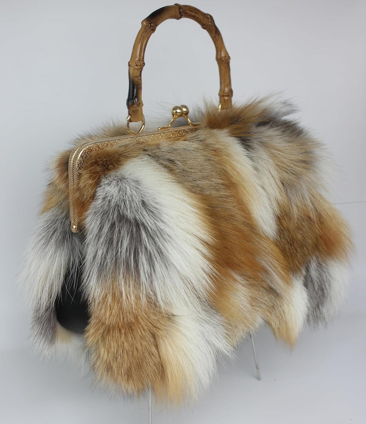 Real Fox Fur Handbag Vintage Kisslock Purse with Bamboo Handle