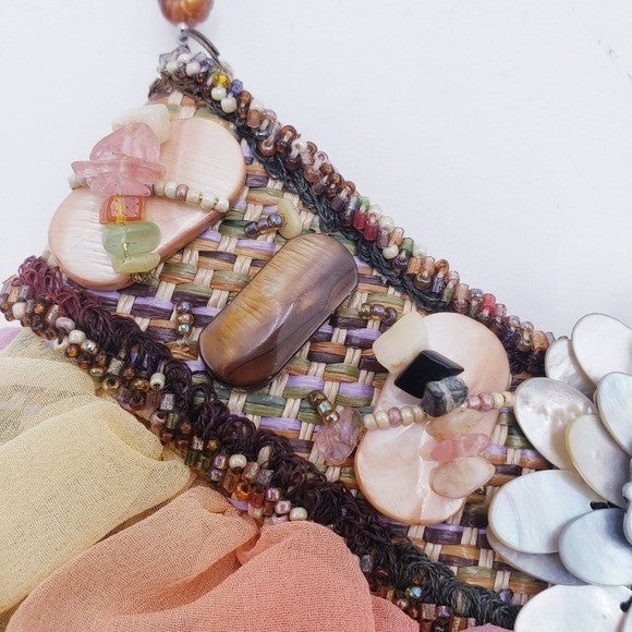 Mary Frances Beaded Tulle Ruffle Wicker Shoulder Bag Mother of Pearl Earthtones