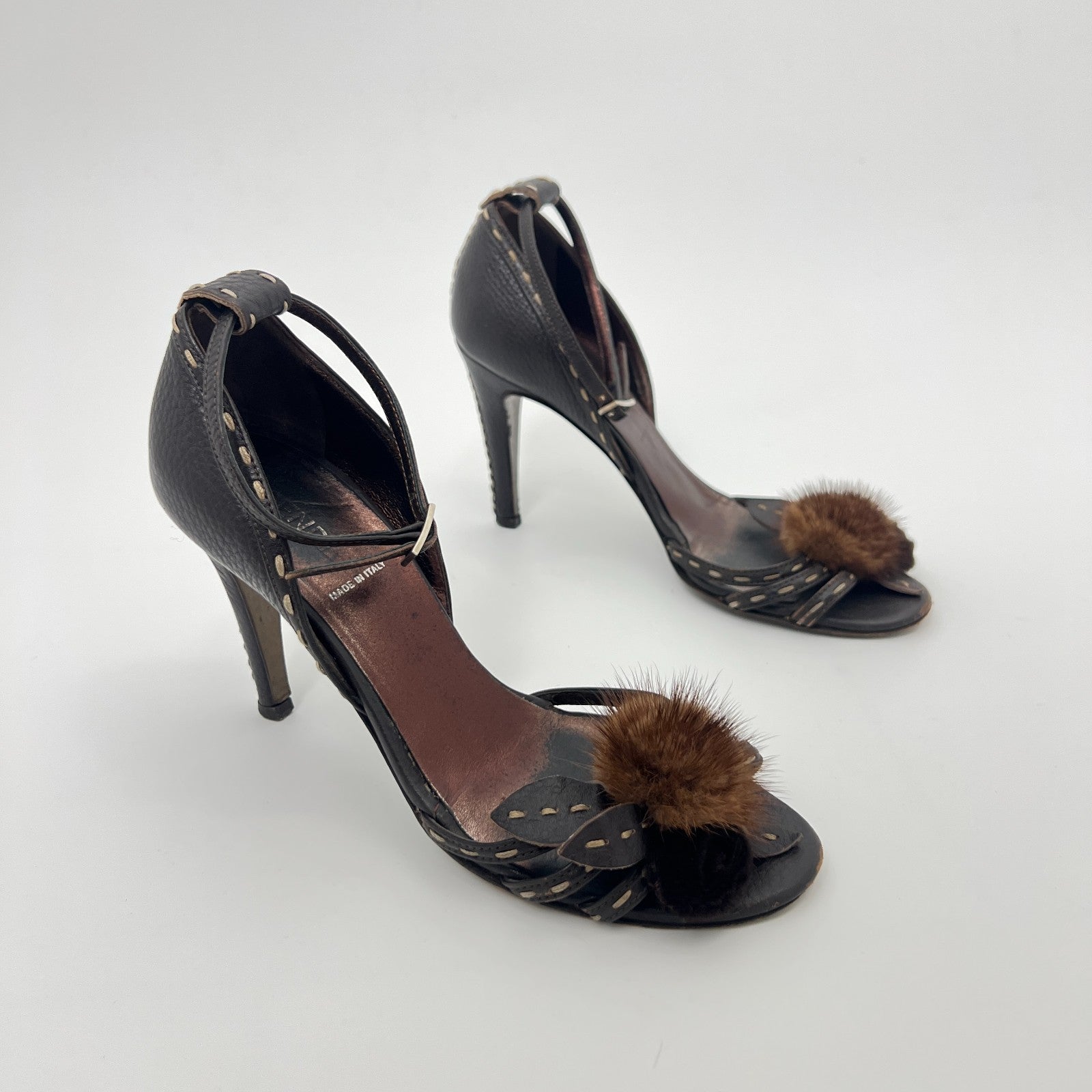 Fendi | Auth Selleria Brown Leather Mink Fur Camellia Ankle Strap Stiletto (35)