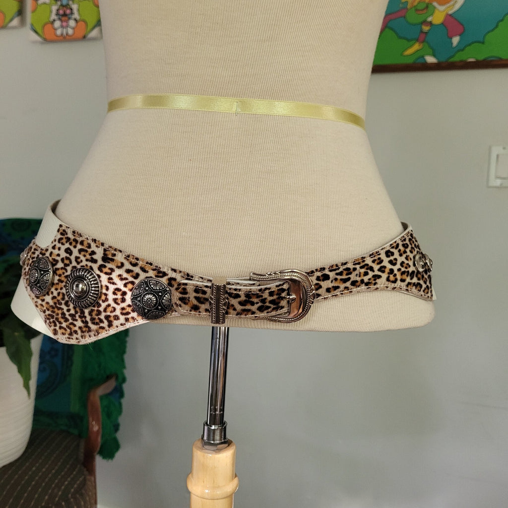 Insane Vintage 80s Rock 'N Roll Glam White Leather Animal Print Pony Hair Belt M