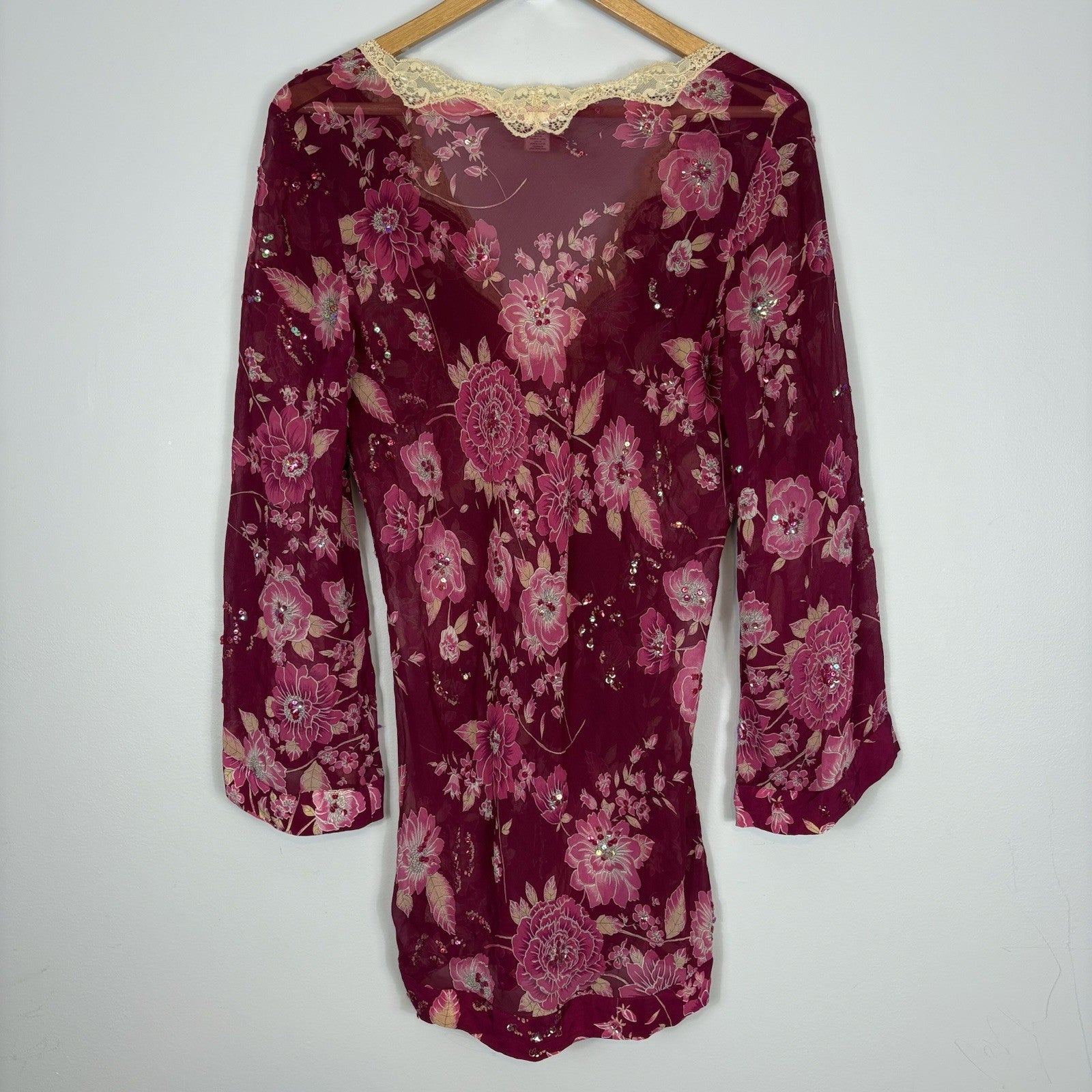 Vtg Y2K Victoria’s Secret Pink Label Silk Babydoll Dress Sz M Lace Floral Sequin