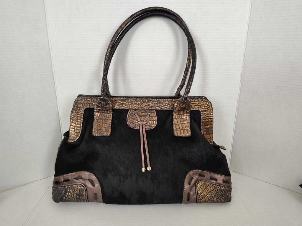 Cavalcanti Italy Black Leather Calf Hair and Cowhide Handbag