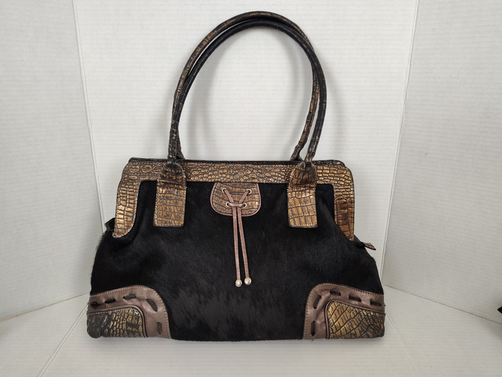Cavalcanti Italy Black Leather Calf Hair and Cowhide Handbag
