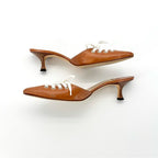 Vintage Manolo Blahnik Bow Laceup Brown Leather Pointed Toe Heeled Mules 37.5