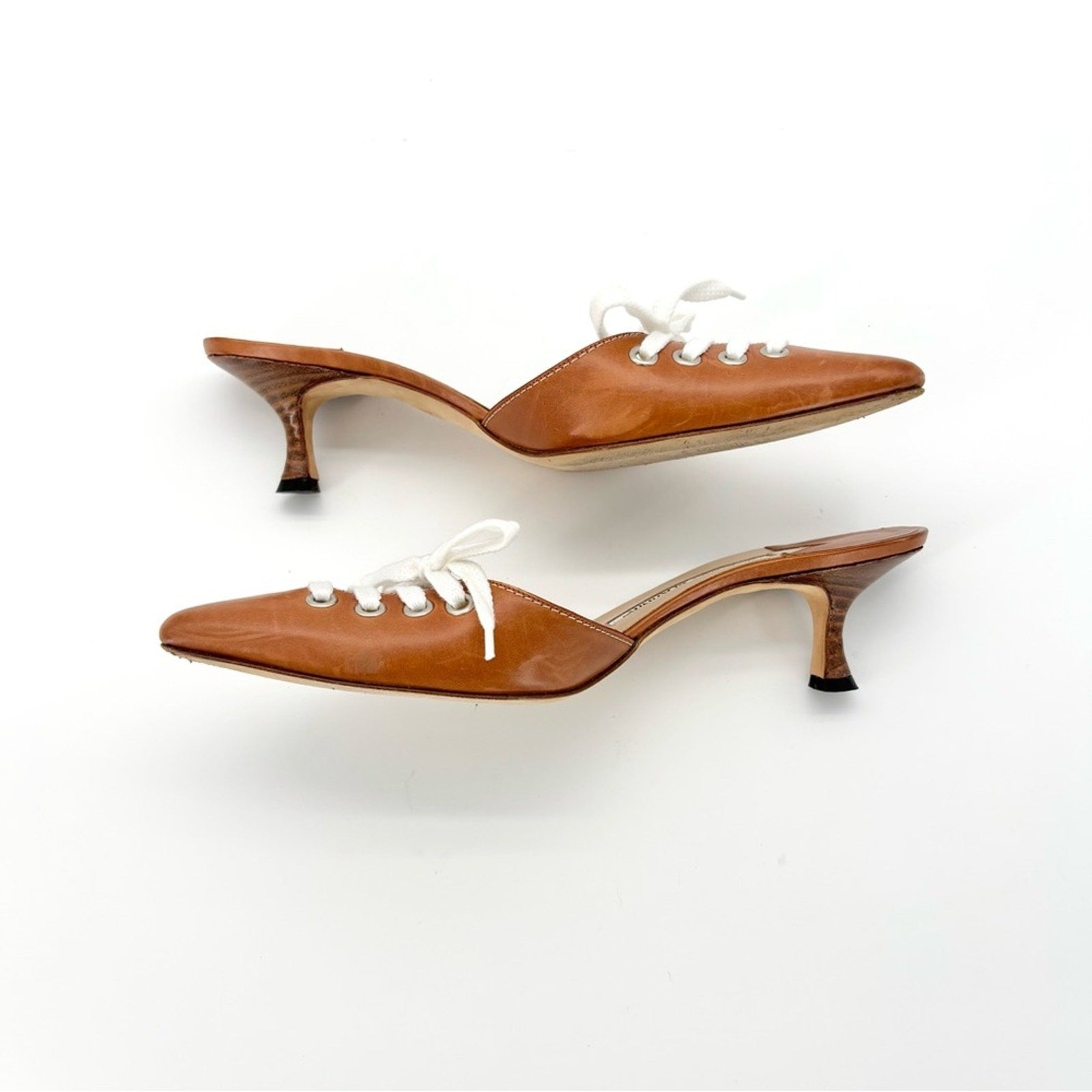 Vintage Manolo Blahnik Bow Laceup Brown Leather Pointed Toe Heeled Mules 37.5