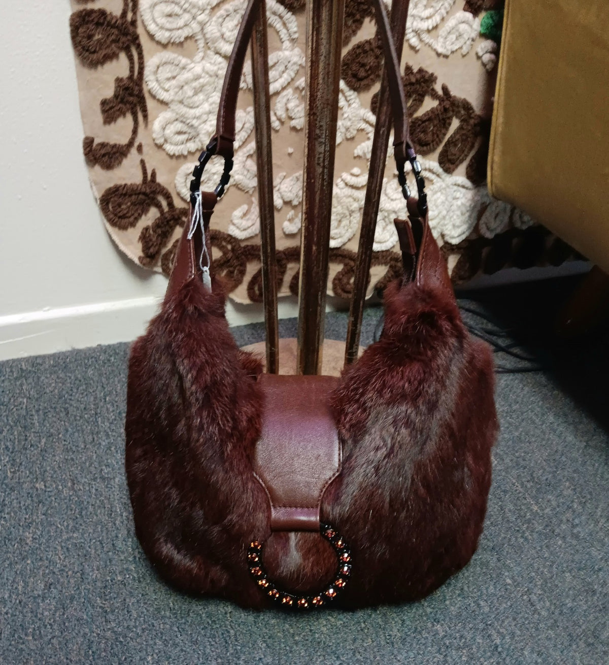 Isabella Fiore Rabbit Fur Shoulder Bag Brown Y2K