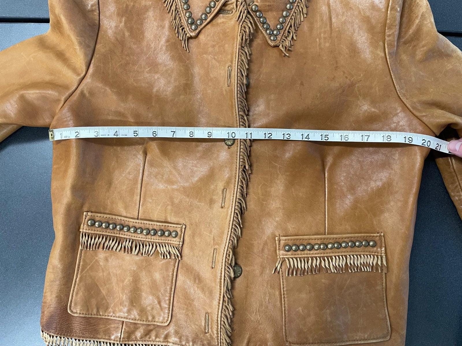 Double D Ranch Leather Jacket Brown Fringe Studded Western Medium