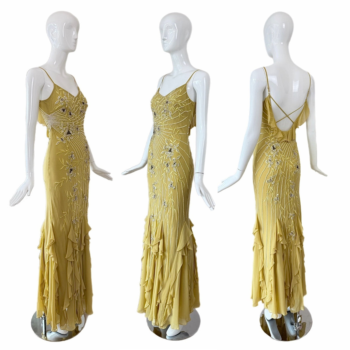 Sue Wong 2005 Chartreuse Silk Floral Beaded Ruffle Gown