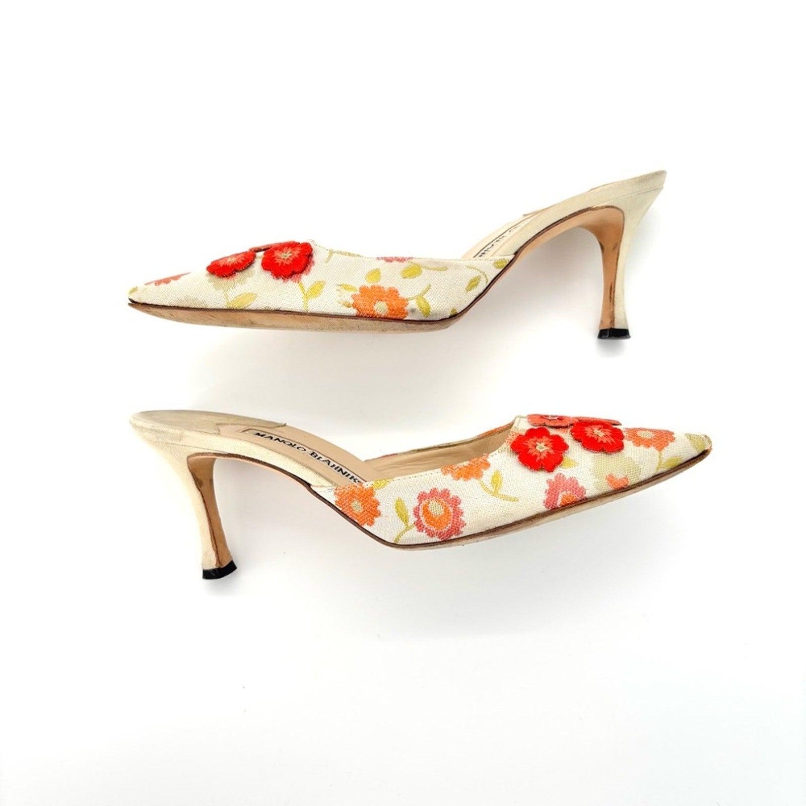 Manolo Blahnik Retro Vintage Floral Applique Pointed Toe Kitten Heel Mules 36.5